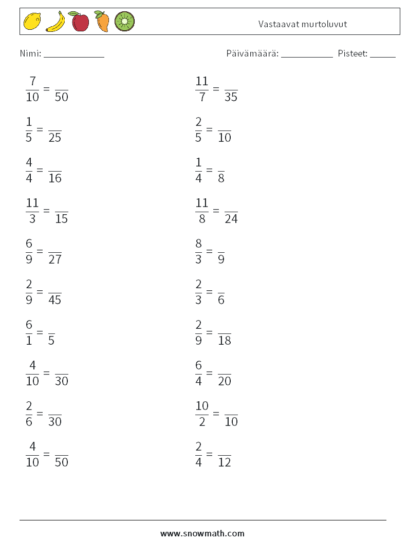(20) Vastaavat murtoluvut Matematiikan laskentataulukot 8