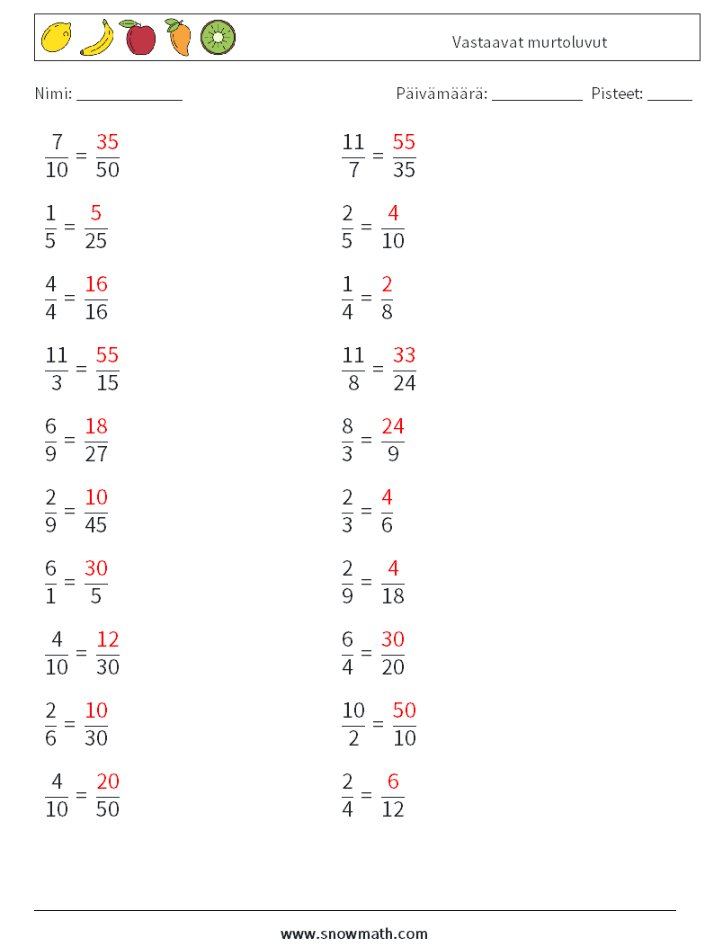 (20) Vastaavat murtoluvut Matematiikan laskentataulukot 8 Kysymys, vastaus