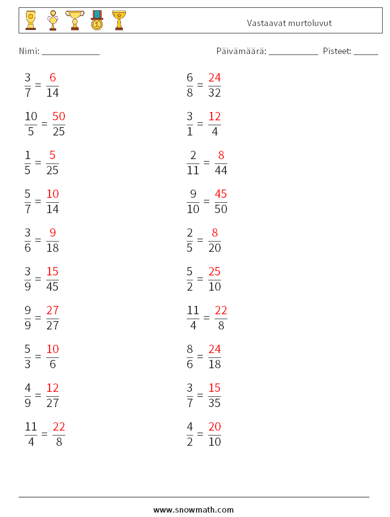 (20) Vastaavat murtoluvut Matematiikan laskentataulukot 9 Kysymys, vastaus