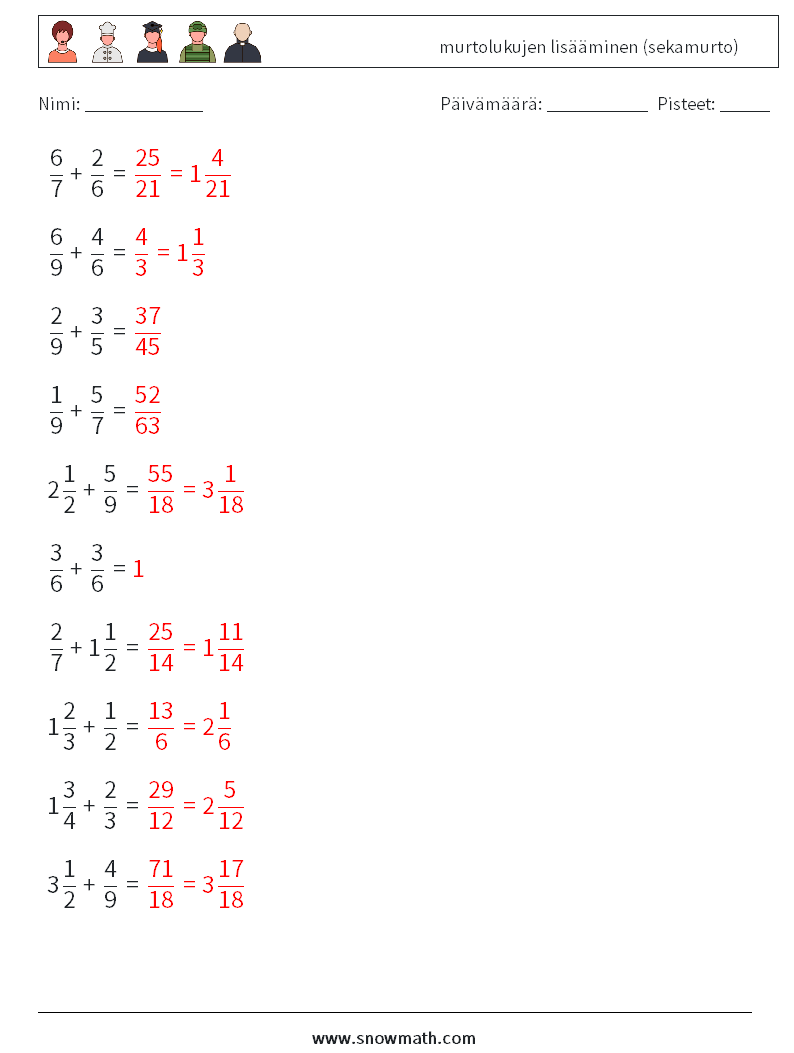 (10) murtolukujen lisääminen (sekamurto) Matematiikan laskentataulukot 10 Kysymys, vastaus