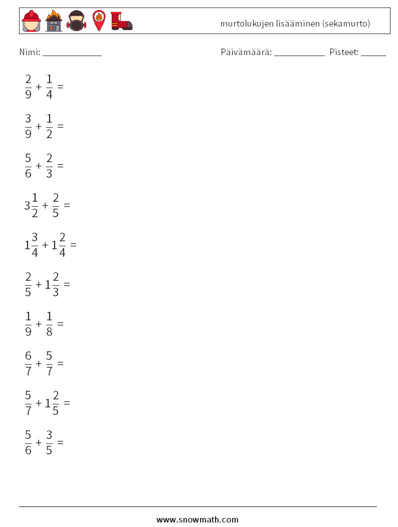 (10) murtolukujen lisääminen (sekamurto) Matematiikan laskentataulukot 11