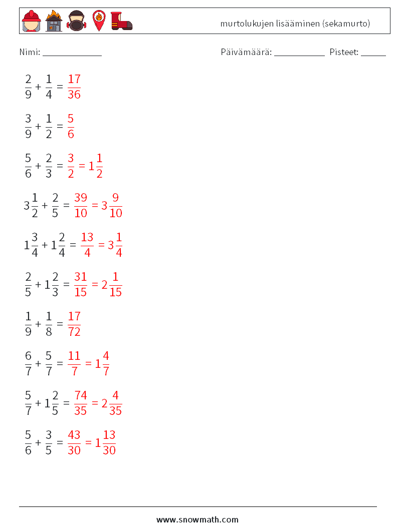 (10) murtolukujen lisääminen (sekamurto) Matematiikan laskentataulukot 11 Kysymys, vastaus