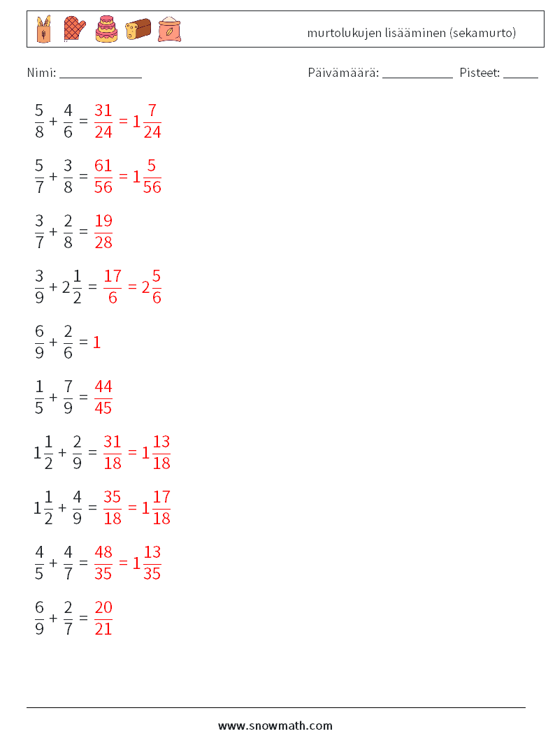 (10) murtolukujen lisääminen (sekamurto) Matematiikan laskentataulukot 12 Kysymys, vastaus