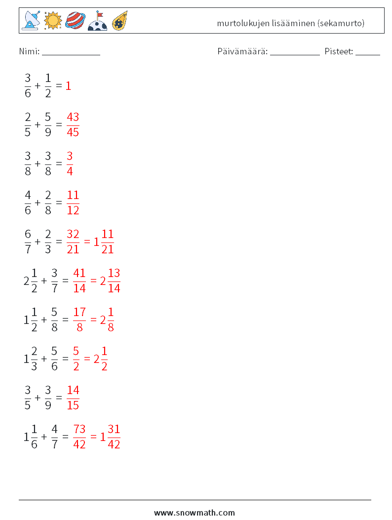 (10) murtolukujen lisääminen (sekamurto) Matematiikan laskentataulukot 5 Kysymys, vastaus