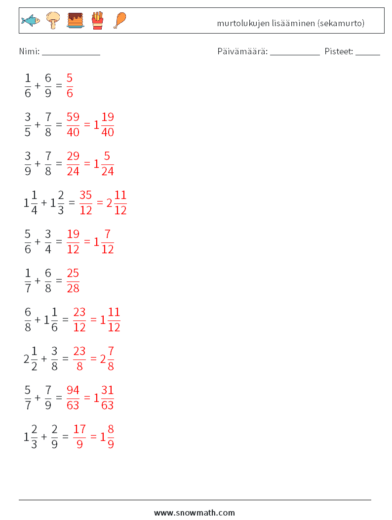 (10) murtolukujen lisääminen (sekamurto) Matematiikan laskentataulukot 6 Kysymys, vastaus