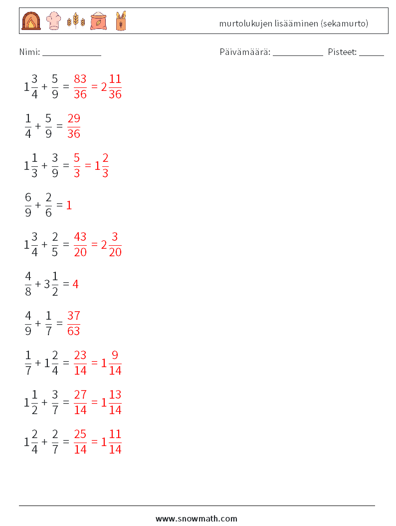 (10) murtolukujen lisääminen (sekamurto) Matematiikan laskentataulukot 7 Kysymys, vastaus