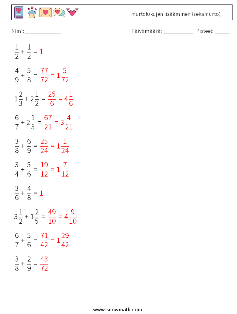 (10) murtolukujen lisääminen (sekamurto) Matematiikan laskentataulukot 8 Kysymys, vastaus