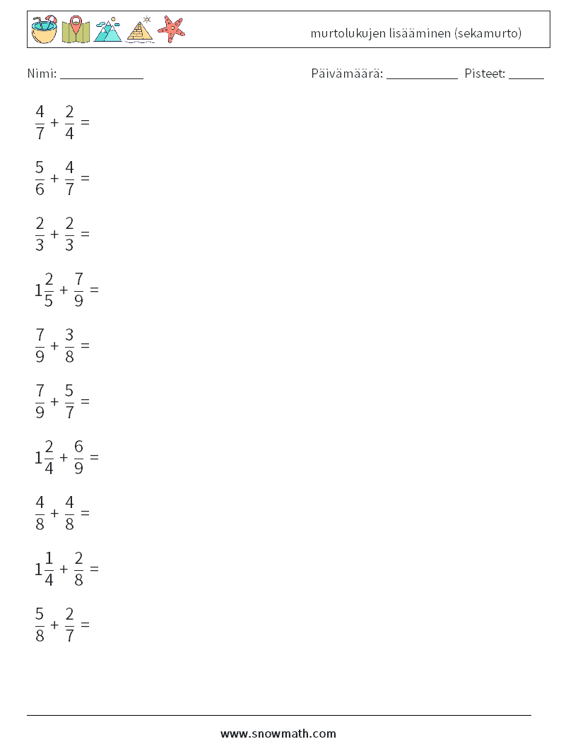 (10) murtolukujen lisääminen (sekamurto) Matematiikan laskentataulukot 9