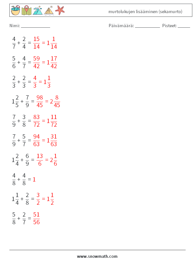 (10) murtolukujen lisääminen (sekamurto) Matematiikan laskentataulukot 9 Kysymys, vastaus