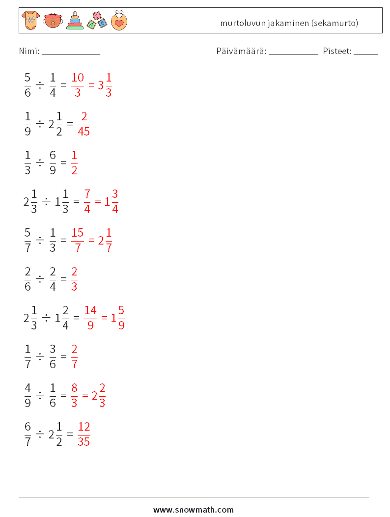 (10) murtoluvun jakaminen (sekamurto) Matematiikan laskentataulukot 14 Kysymys, vastaus