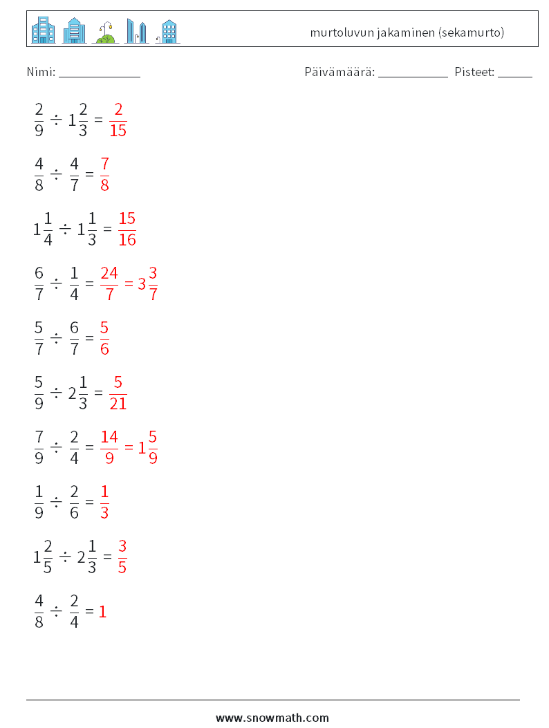 (10) murtoluvun jakaminen (sekamurto) Matematiikan laskentataulukot 4 Kysymys, vastaus