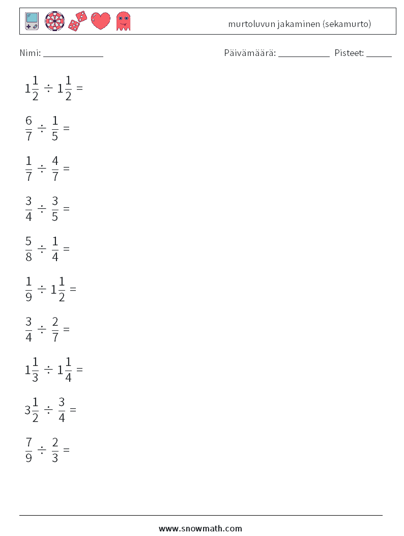 (10) murtoluvun jakaminen (sekamurto) Matematiikan laskentataulukot 5