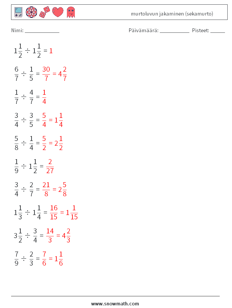 (10) murtoluvun jakaminen (sekamurto) Matematiikan laskentataulukot 5 Kysymys, vastaus