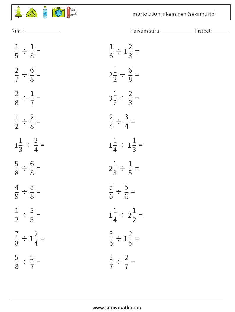 (20) murtoluvun jakaminen (sekamurto) Matematiikan laskentataulukot 1