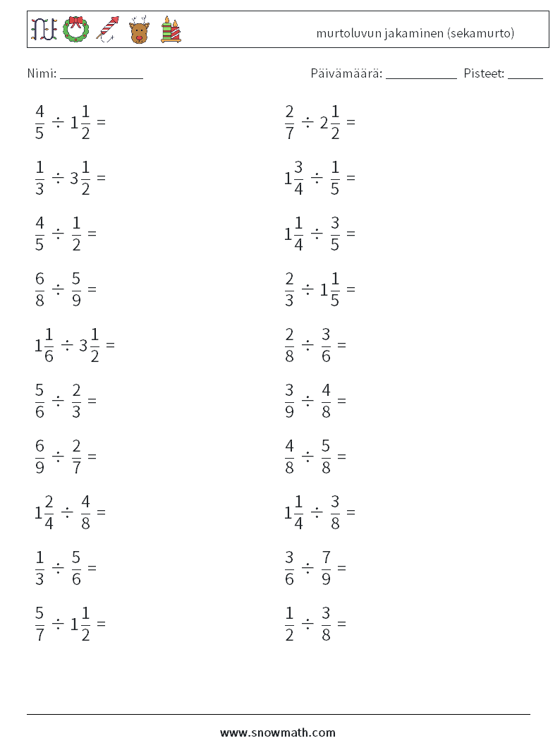 (20) murtoluvun jakaminen (sekamurto) Matematiikan laskentataulukot 10