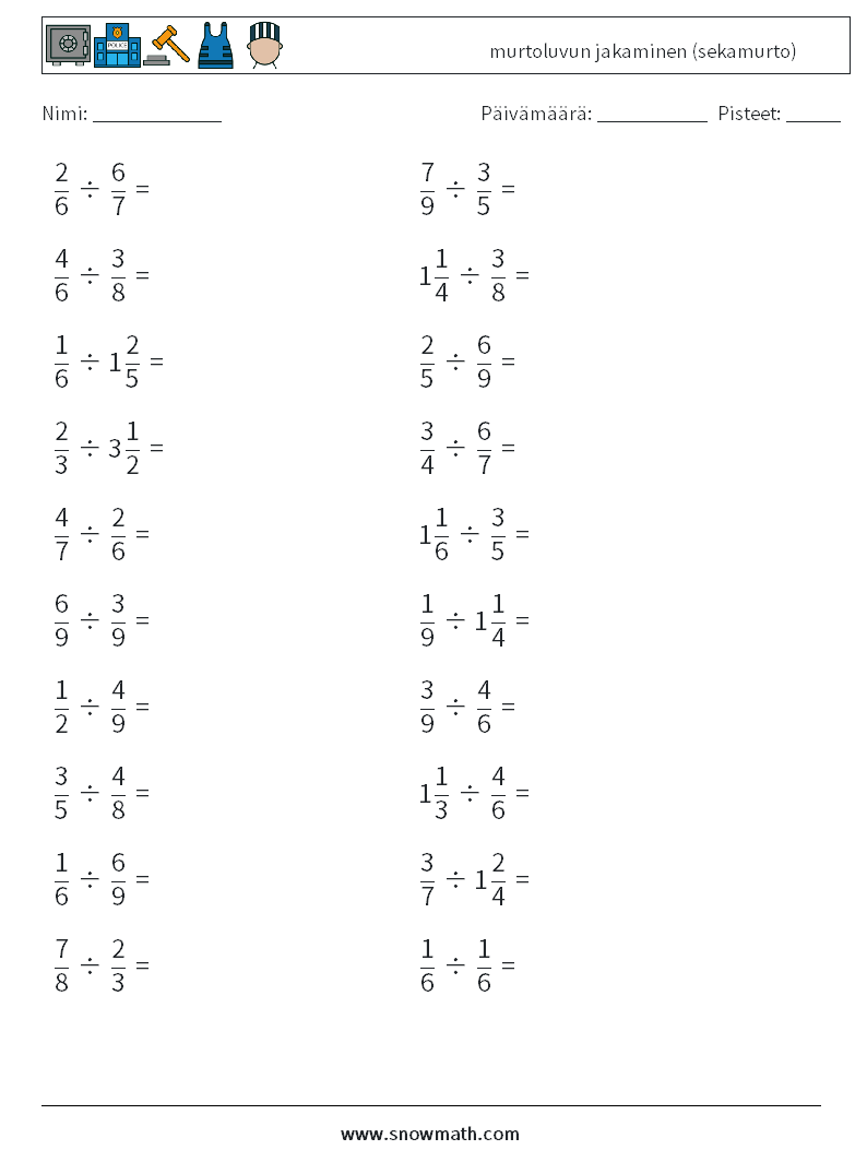(20) murtoluvun jakaminen (sekamurto) Matematiikan laskentataulukot 11
