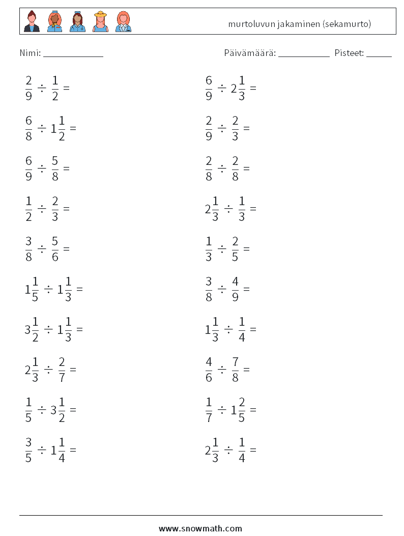 (20) murtoluvun jakaminen (sekamurto) Matematiikan laskentataulukot 12