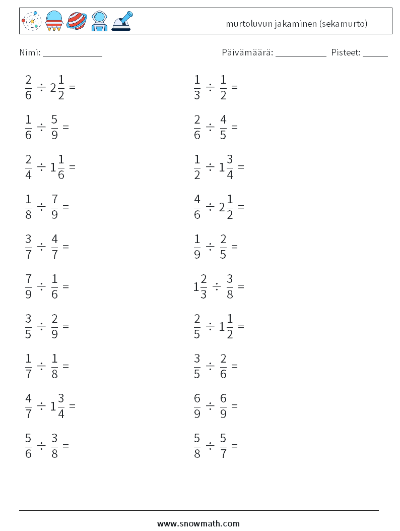 (20) murtoluvun jakaminen (sekamurto) Matematiikan laskentataulukot 13