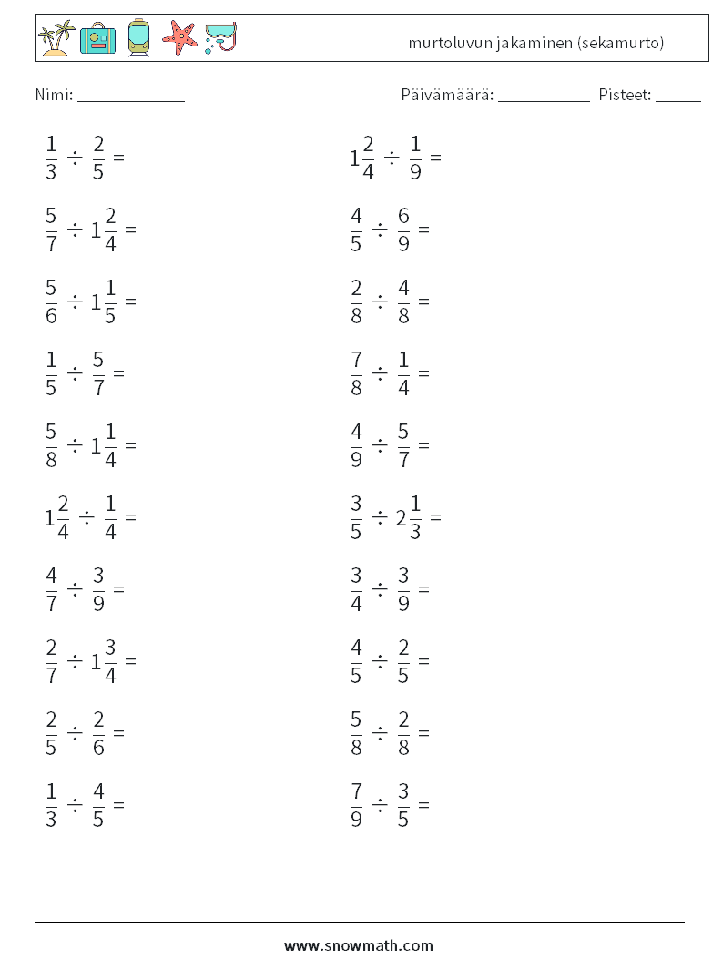 (20) murtoluvun jakaminen (sekamurto) Matematiikan laskentataulukot 14