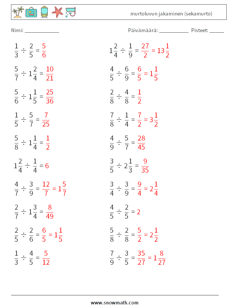 (20) murtoluvun jakaminen (sekamurto) Matematiikan laskentataulukot 14 Kysymys, vastaus