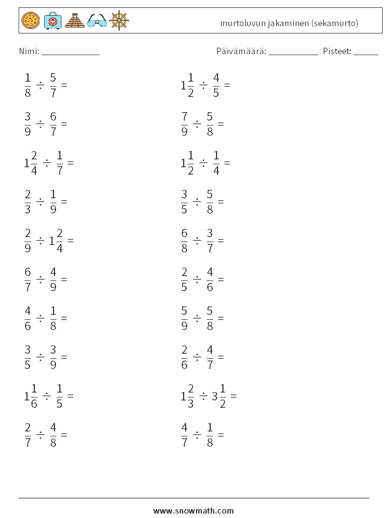 (20) murtoluvun jakaminen (sekamurto) Matematiikan laskentataulukot 15