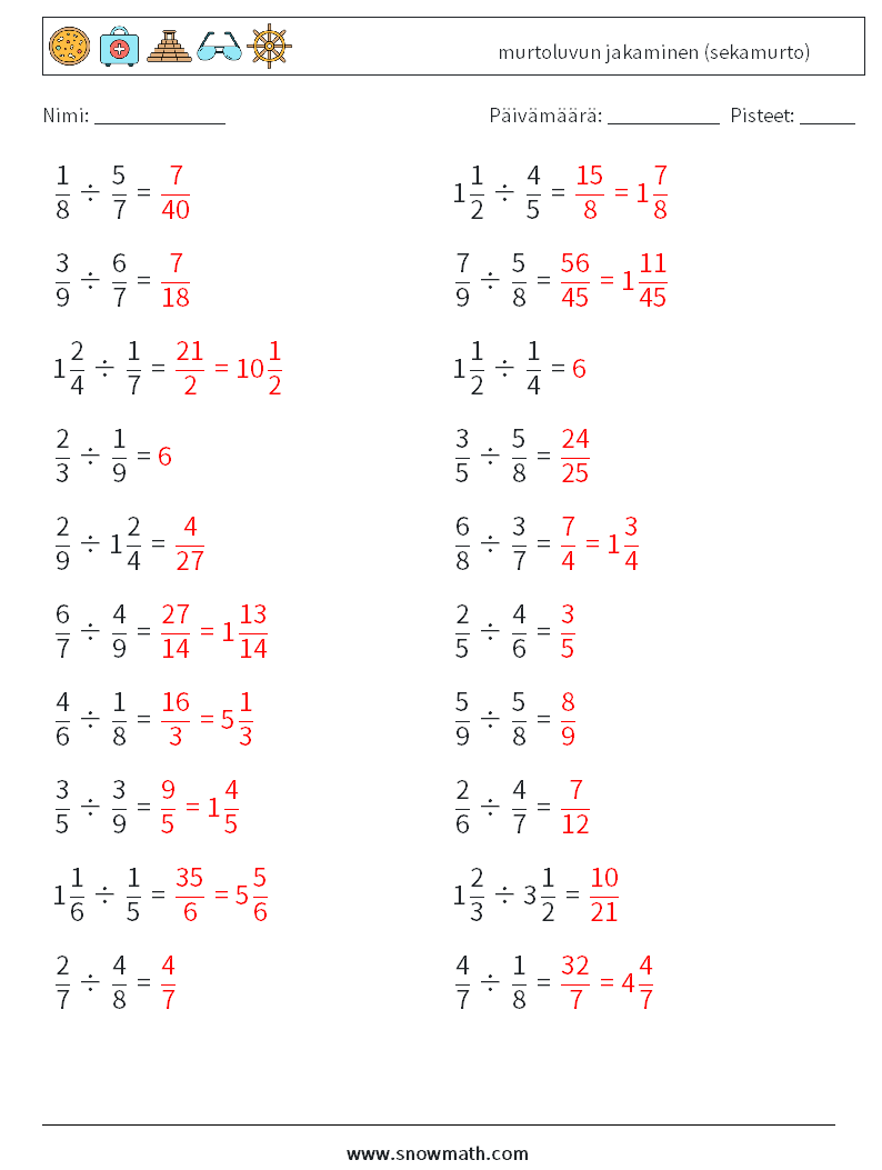 (20) murtoluvun jakaminen (sekamurto) Matematiikan laskentataulukot 15 Kysymys, vastaus