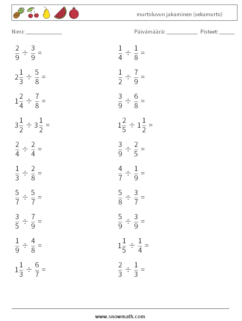 (20) murtoluvun jakaminen (sekamurto) Matematiikan laskentataulukot 17