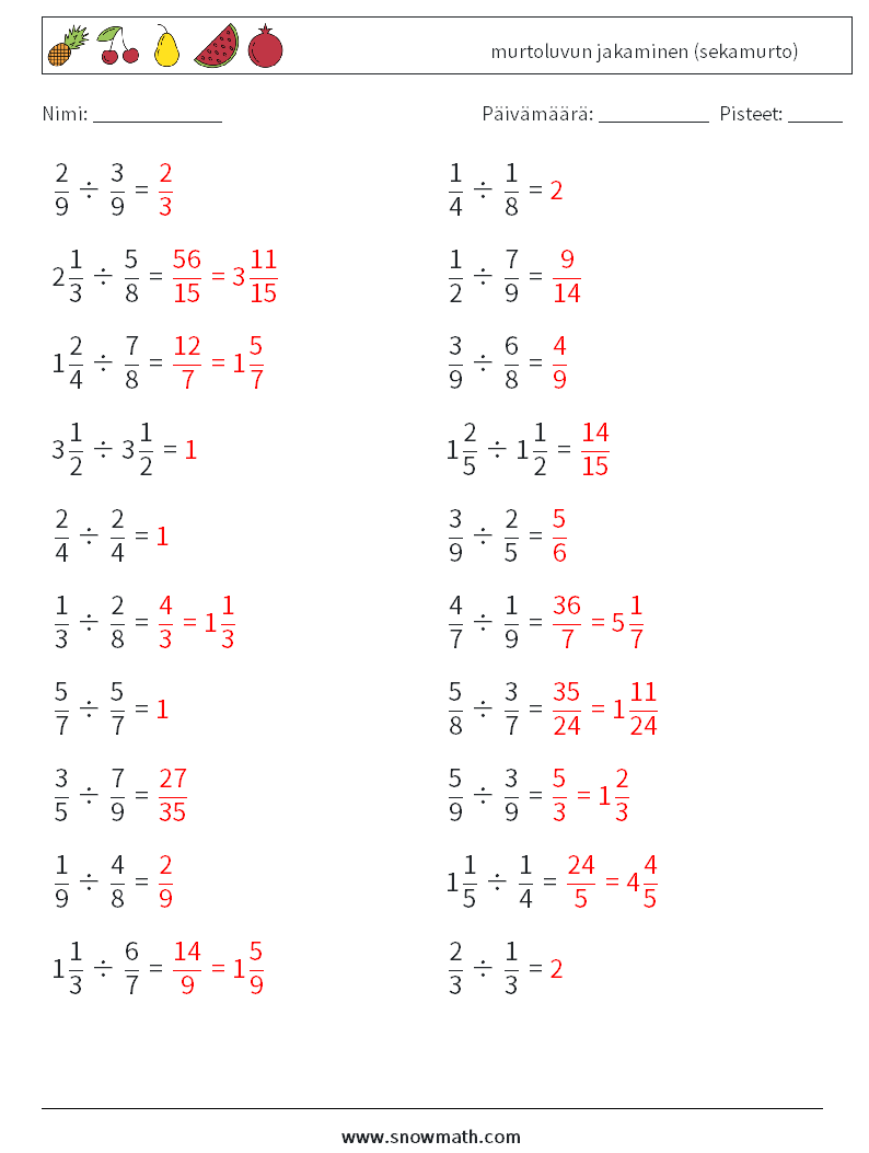(20) murtoluvun jakaminen (sekamurto) Matematiikan laskentataulukot 17 Kysymys, vastaus