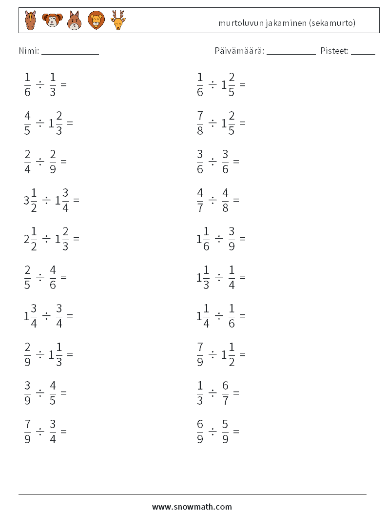 (20) murtoluvun jakaminen (sekamurto) Matematiikan laskentataulukot 18