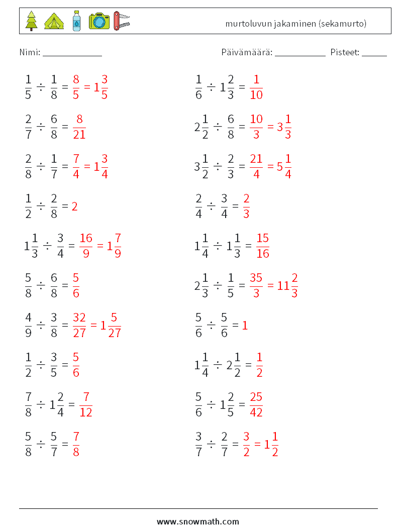 (20) murtoluvun jakaminen (sekamurto) Matematiikan laskentataulukot 1 Kysymys, vastaus