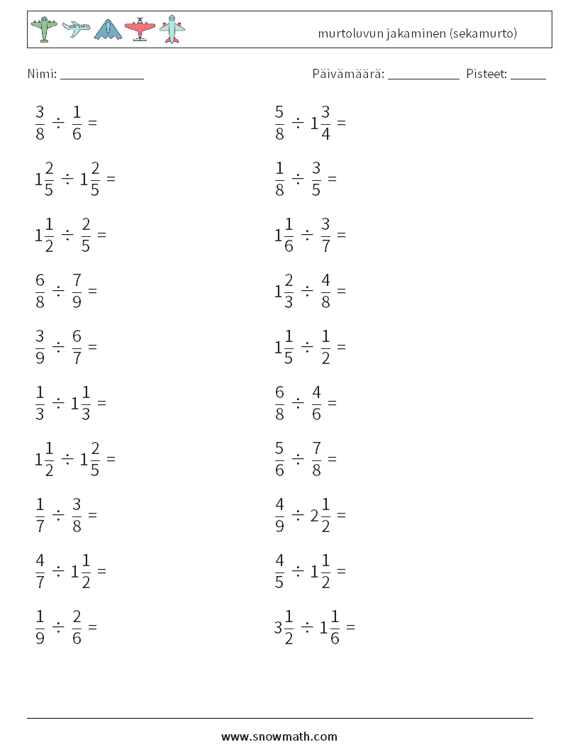 (20) murtoluvun jakaminen (sekamurto) Matematiikan laskentataulukot 2