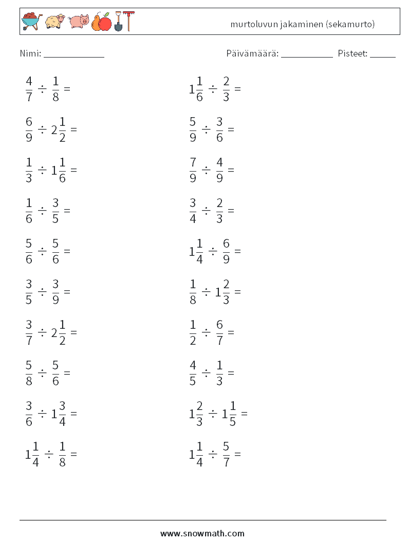 (20) murtoluvun jakaminen (sekamurto) Matematiikan laskentataulukot 3