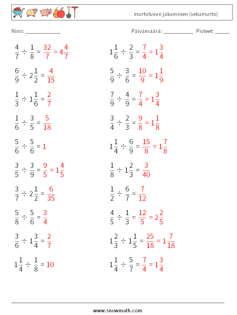 (20) murtoluvun jakaminen (sekamurto) Matematiikan laskentataulukot 3 Kysymys, vastaus