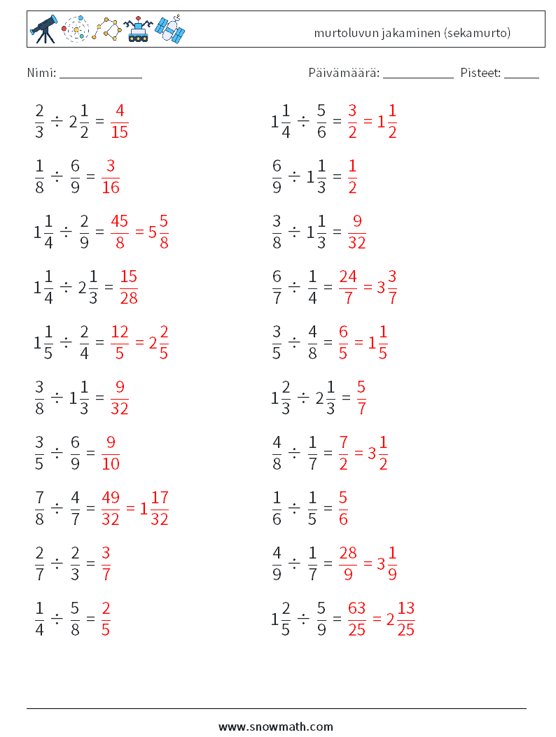 (20) murtoluvun jakaminen (sekamurto) Matematiikan laskentataulukot 4 Kysymys, vastaus