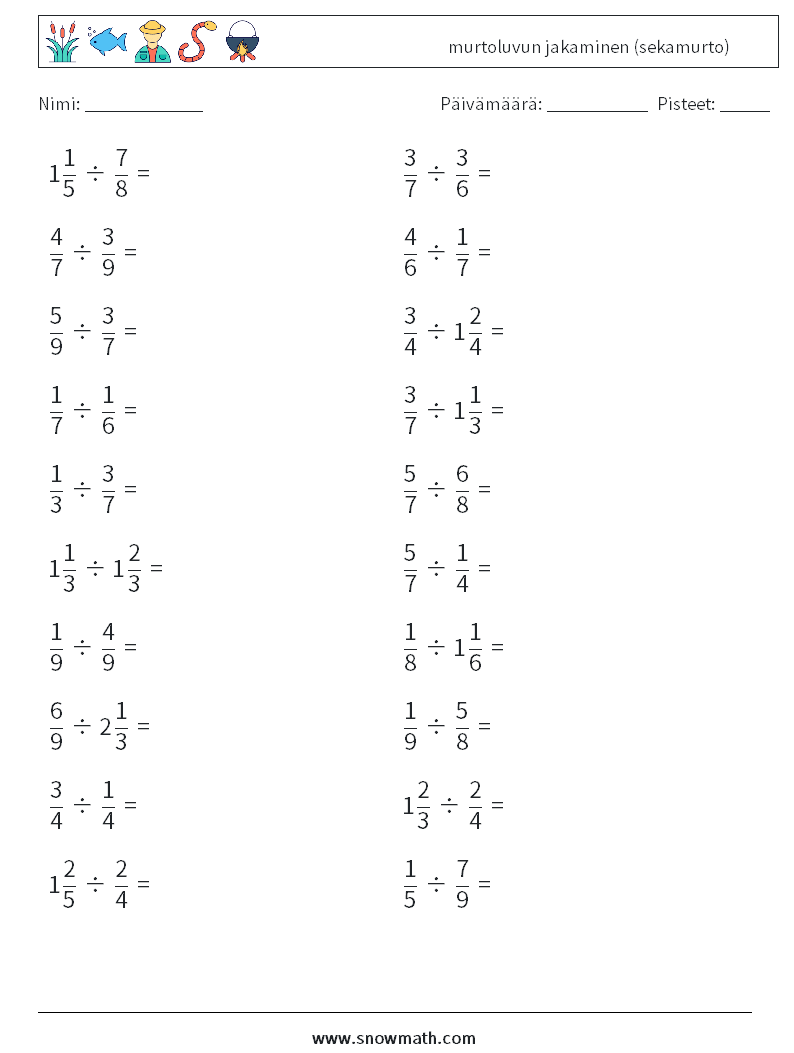 (20) murtoluvun jakaminen (sekamurto) Matematiikan laskentataulukot 5