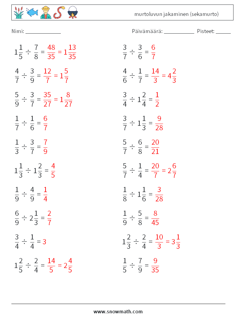 (20) murtoluvun jakaminen (sekamurto) Matematiikan laskentataulukot 5 Kysymys, vastaus
