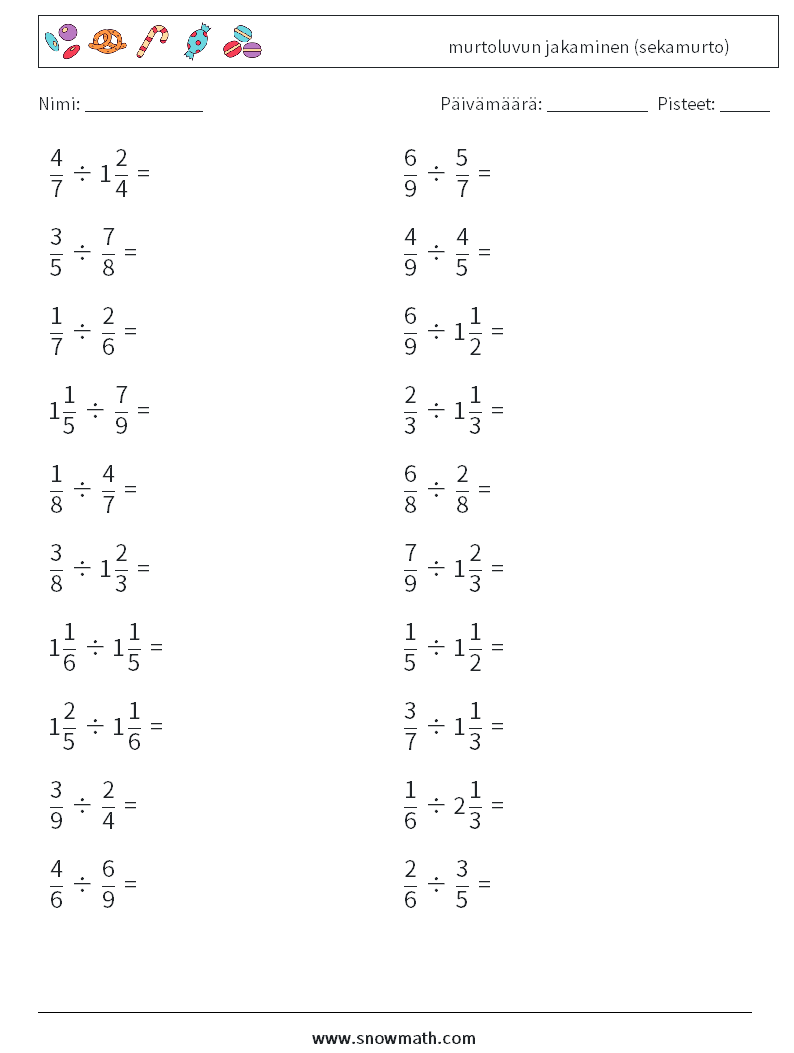 (20) murtoluvun jakaminen (sekamurto) Matematiikan laskentataulukot 6