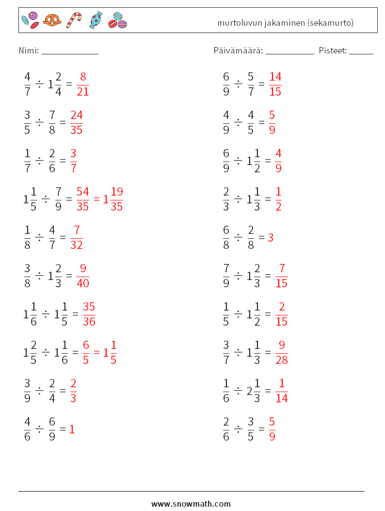 (20) murtoluvun jakaminen (sekamurto) Matematiikan laskentataulukot 6 Kysymys, vastaus