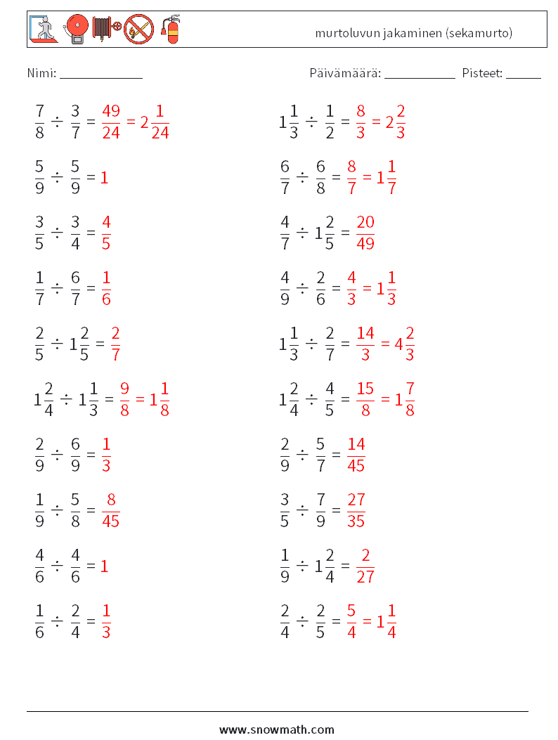 (20) murtoluvun jakaminen (sekamurto) Matematiikan laskentataulukot 7 Kysymys, vastaus
