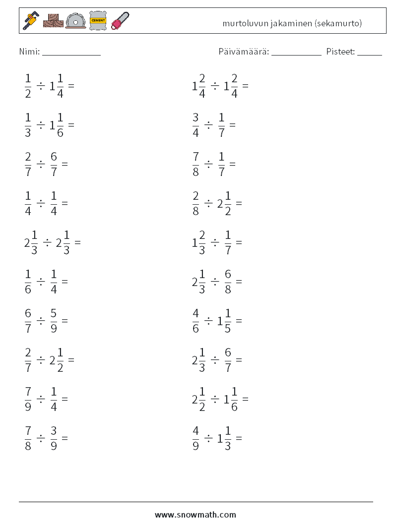 (20) murtoluvun jakaminen (sekamurto) Matematiikan laskentataulukot 8