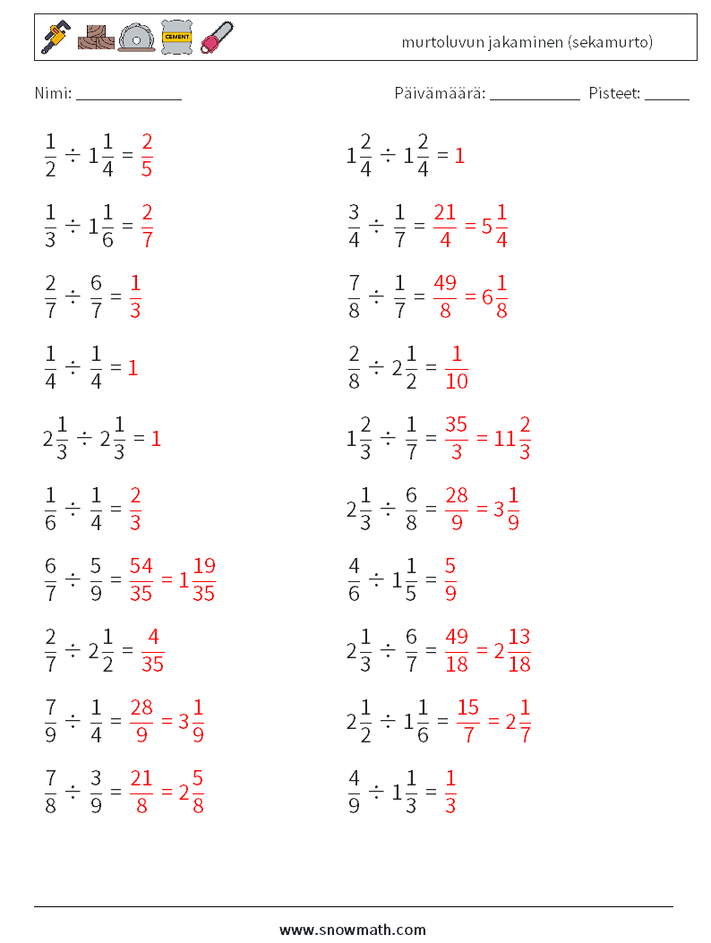 (20) murtoluvun jakaminen (sekamurto) Matematiikan laskentataulukot 8 Kysymys, vastaus
