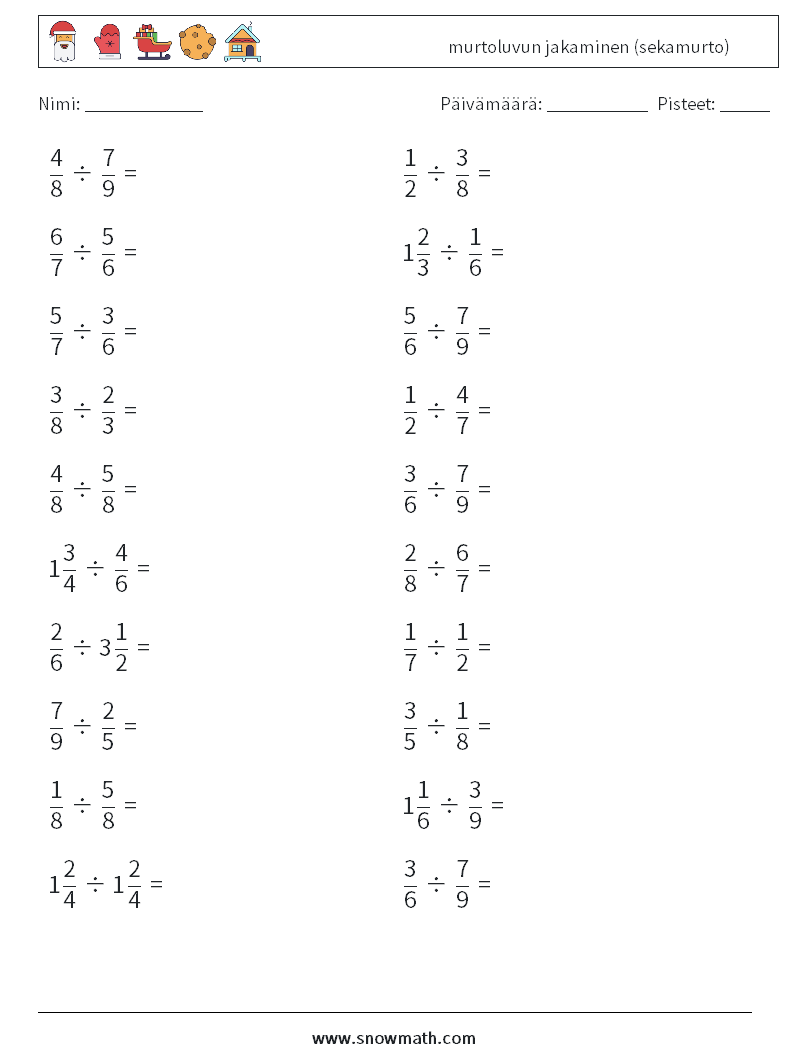 (20) murtoluvun jakaminen (sekamurto) Matematiikan laskentataulukot 9