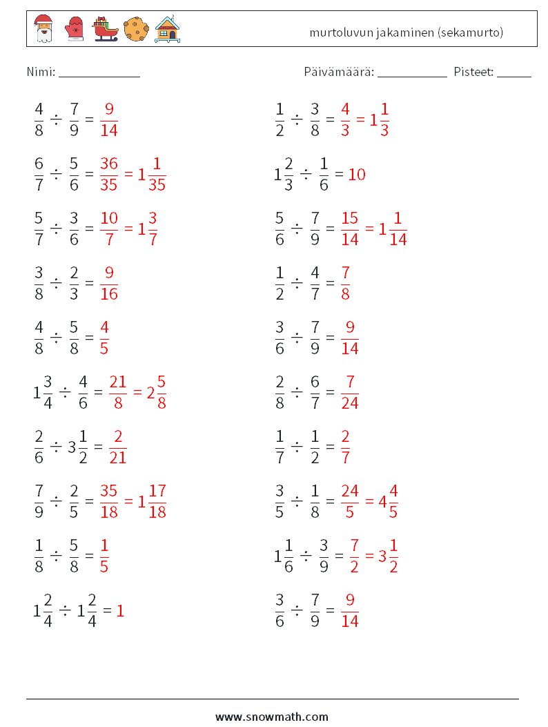 (20) murtoluvun jakaminen (sekamurto) Matematiikan laskentataulukot 9 Kysymys, vastaus