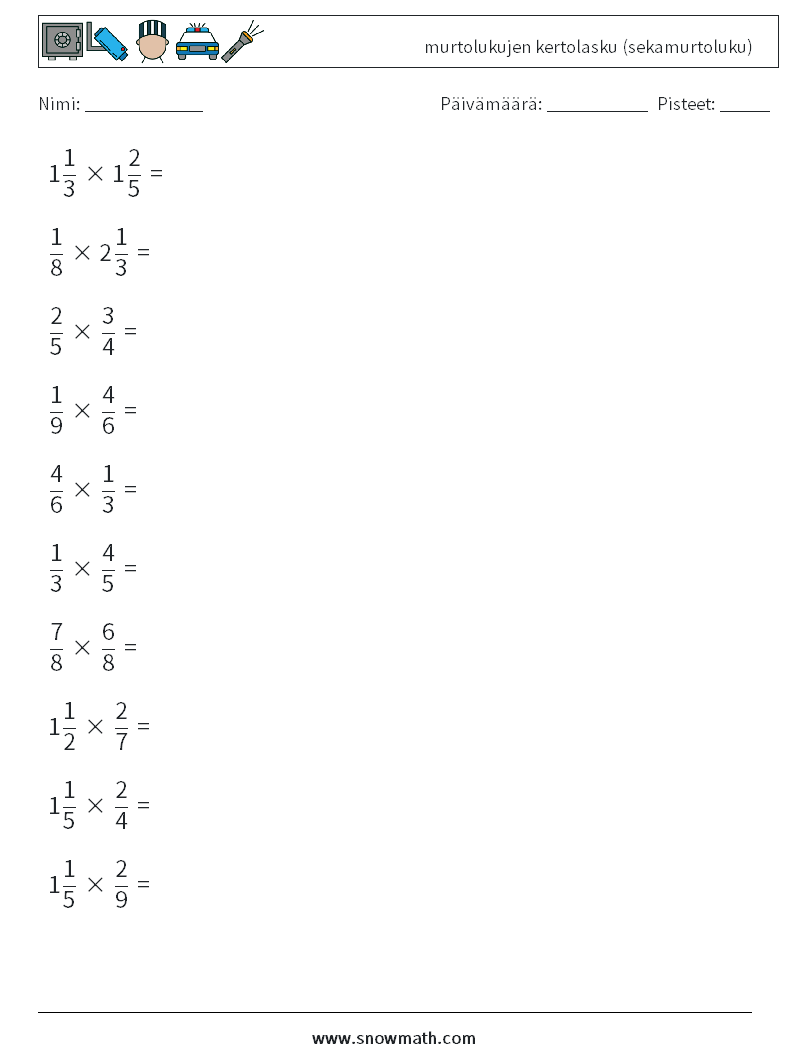 (10) murtolukujen kertolasku (sekamurtoluku) Matematiikan laskentataulukot 1