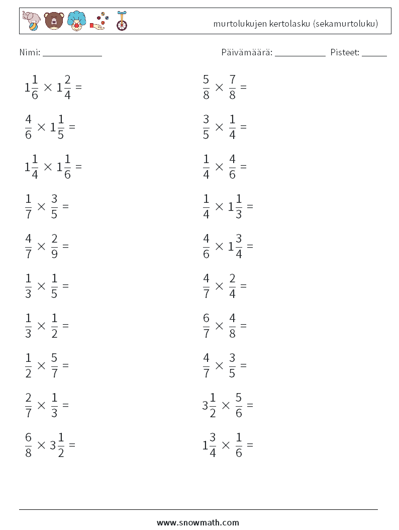 (20) murtolukujen kertolasku (sekamurtoluku) Matematiikan laskentataulukot 1