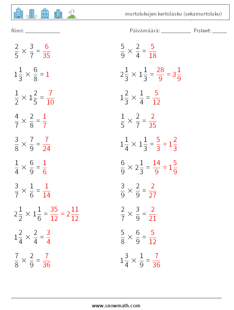 (20) murtolukujen kertolasku (sekamurtoluku) Matematiikan laskentataulukot 10 Kysymys, vastaus