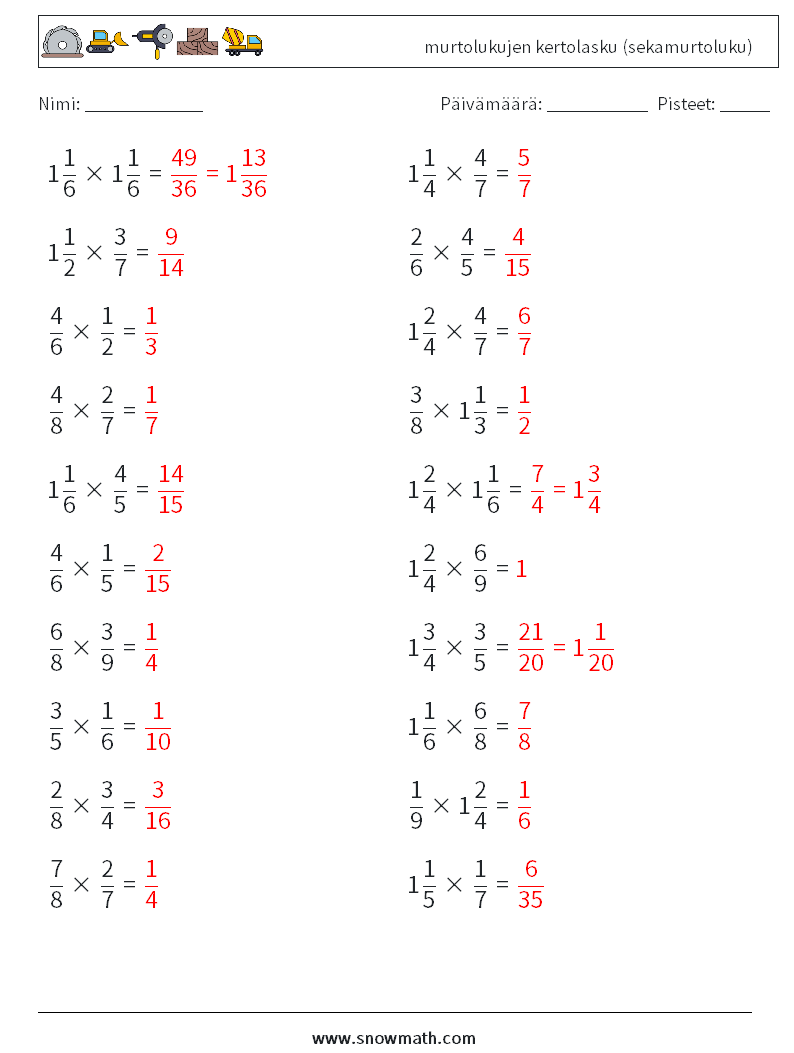 (20) murtolukujen kertolasku (sekamurtoluku) Matematiikan laskentataulukot 11 Kysymys, vastaus