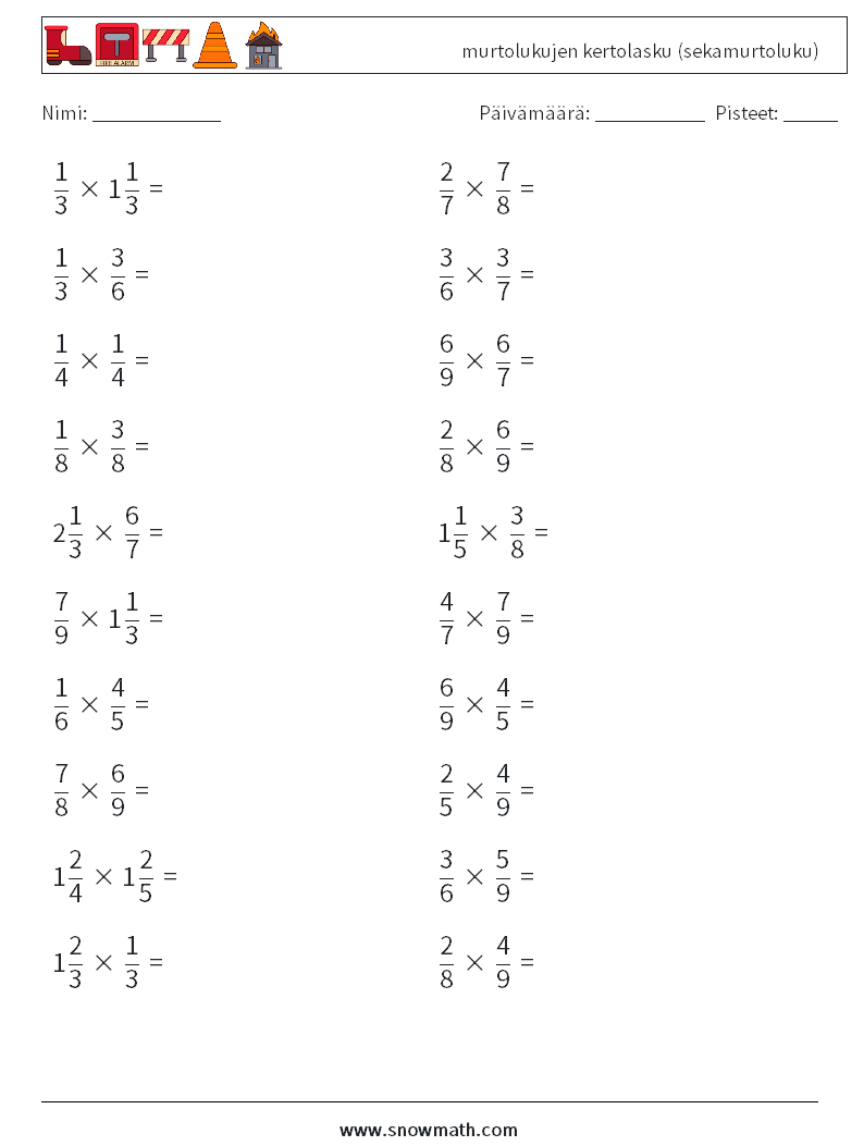 (20) murtolukujen kertolasku (sekamurtoluku) Matematiikan laskentataulukot 12