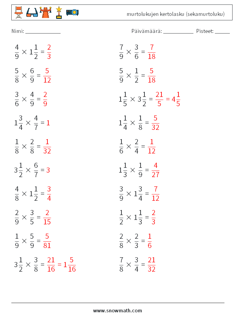(20) murtolukujen kertolasku (sekamurtoluku) Matematiikan laskentataulukot 14 Kysymys, vastaus