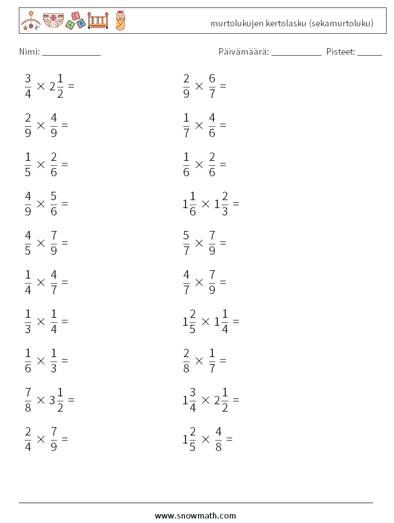 (20) murtolukujen kertolasku (sekamurtoluku) Matematiikan laskentataulukot 15